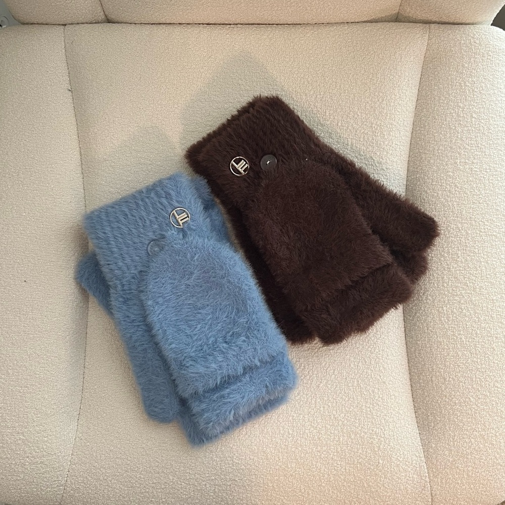 Fuzzy London Fog Flip-Top Mittens — Blue & Brown